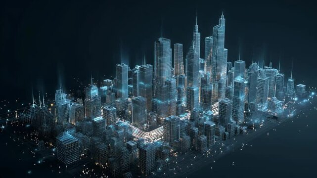 Captivating low poly 3d wireframe illustration of a smart city with glowing binary code elements

