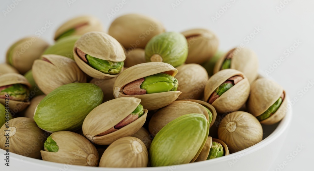 Poster close up of a pile of pistachios with some cracked open showing the green nut inside the shell