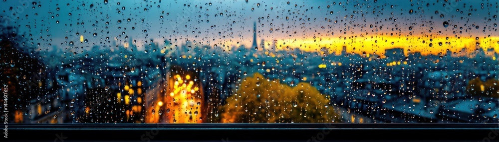 Poster raindrop on a window combining rain, mood, and urban pattern concept. a rainy cityscape view with gl
