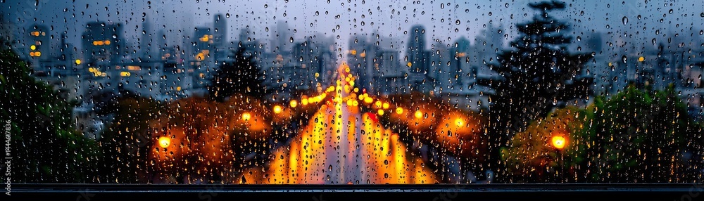 Poster raindrop on a window combining rain, mood, and urban pattern concept. a rainy city evening captured 