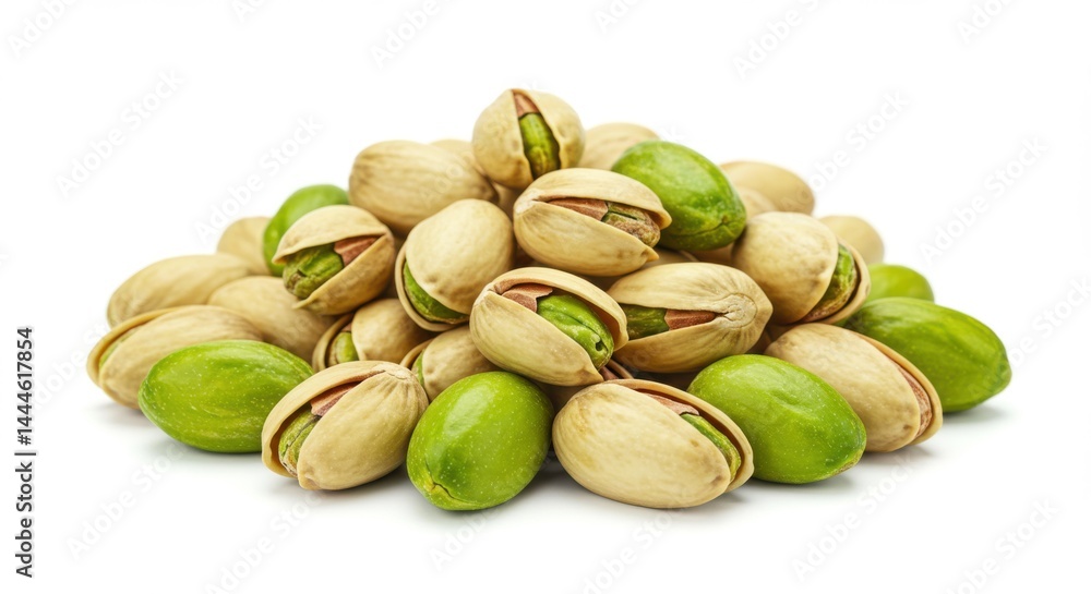 Poster a close up of a pile of pistachios with shells and green nuts on a white background studio shot