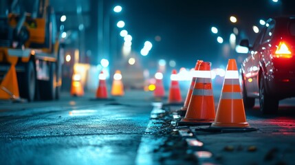 Night road construction scene with traffic cones and blurred vehicles.