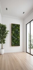 Fototapeta premium A vibrant, large green plant with broad leaves stands majestically in the corner of a spacious, sunlit empty room, casting soft shadows on the floor.