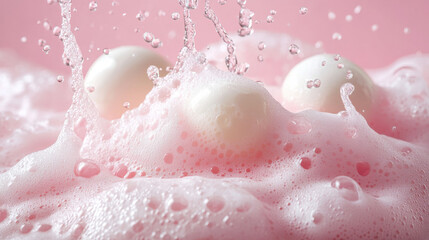 Fototapeta premium White shower gel foam with a pink gradient background, perfect for cosmetic promotions