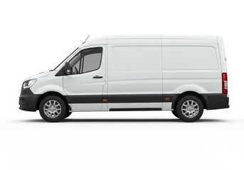 Side view of a white delivery van with black trim on a white background in a studio setting