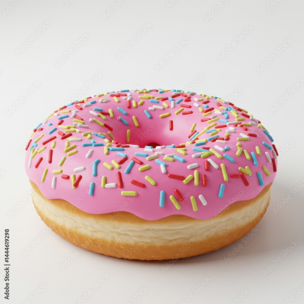 Poster a close up of a donut with pink frosting and colorful sprinkles on a white background surface view