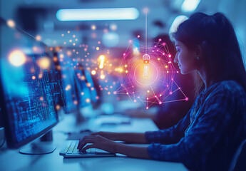Indian Teacher with Students and Holographic Map in Futuristic Office