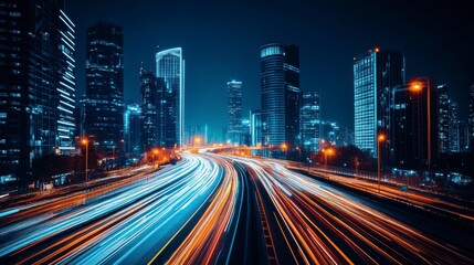 Naklejka premium Night cityscape with light trails on highway.