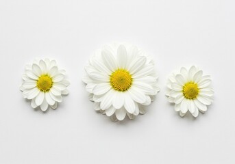 Obraz premium Three daisies arranged in a row on a white background with a central flower that is larger in size