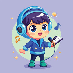 dj in headphones Happy Cartoon Boy Singing with Microphone