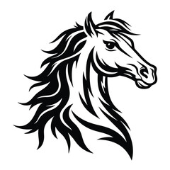 Ornate Silhouette of a Black Mustang Horse with Flowing Mane on White Background