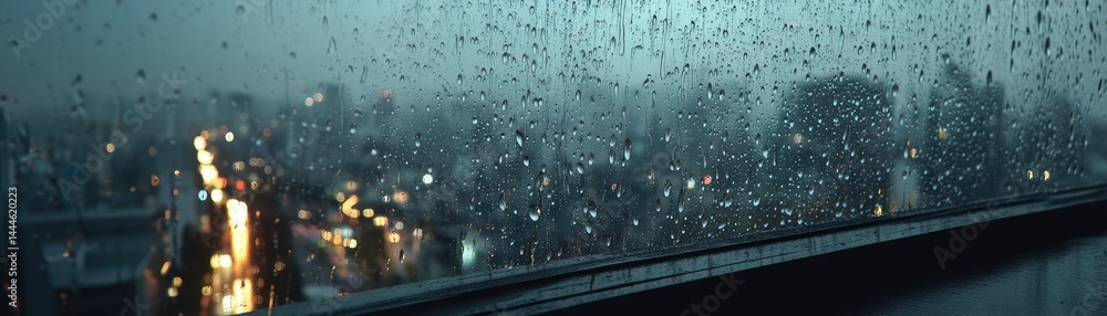 Poster raindrop on a window combining rain, mood, and urban pattern concept. rainy city view with droplets 
