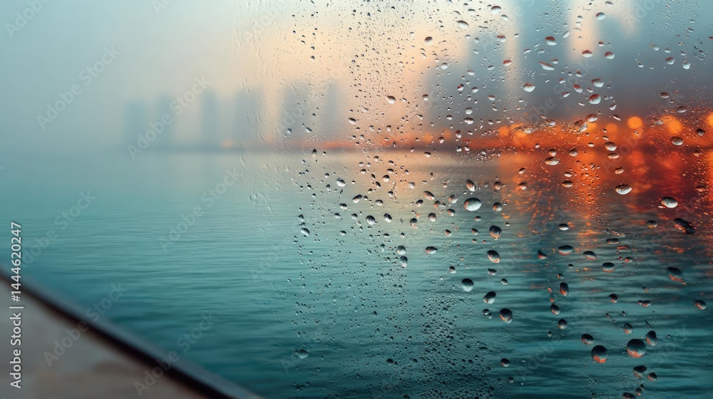 Poster Raindrop on a window combining rain, mood, and urban pattern concept. A misty view of a city skyline with raindrops on the window.
