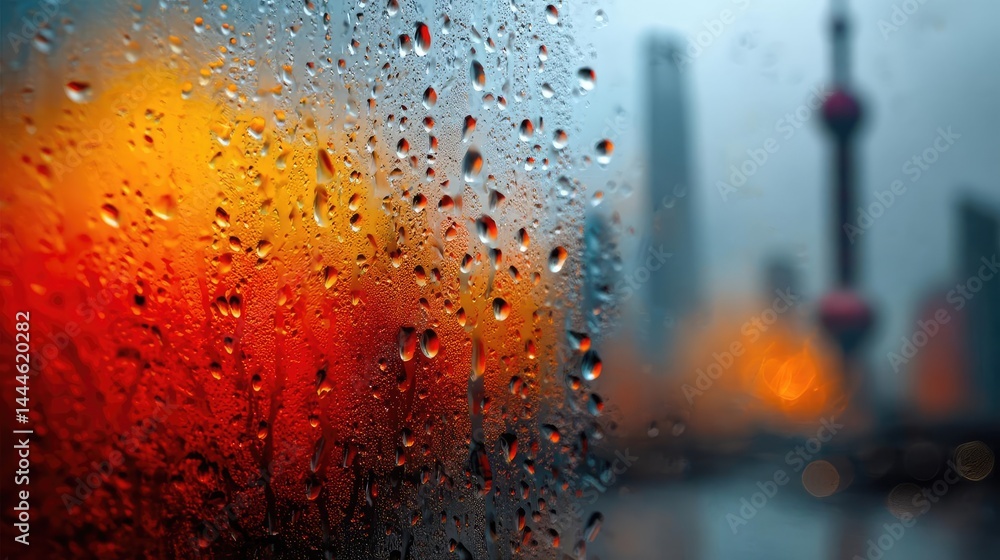 Poster raindrop on a window combining rain, mood, and urban pattern concept. rain-drenched cityscape with v