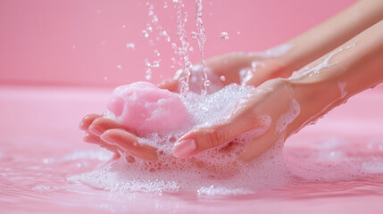 Fototapeta premium Woman washing her hands with soap against a colored background to promote hygiene