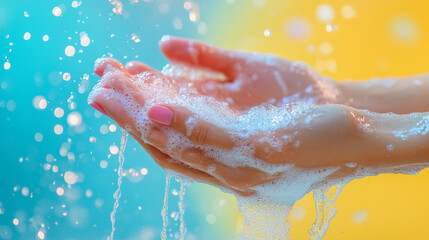 Fototapeta premium Woman washing her hands with soap against a colored background to promote hygiene