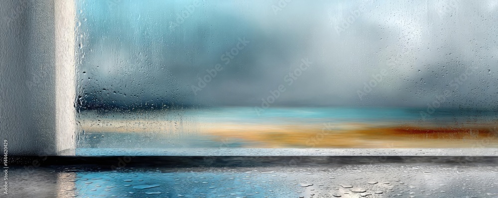 Aufkleber raindrop on a window showing city landscape and emotional texture concept. serene coastal view throu