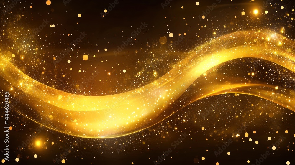 Wall mural gold shimmering waves on a dark background with sparkling particles.