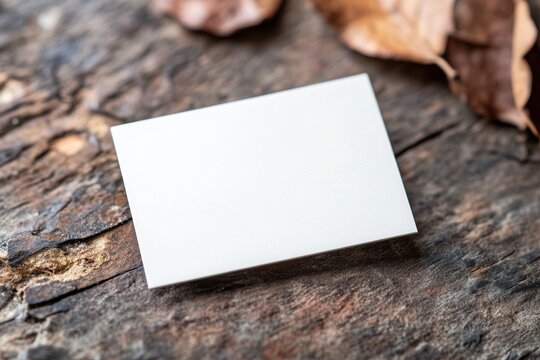 Blank business card resting on rustic wooden surface surrounded by dry leaves