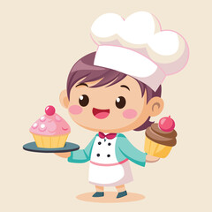 Cute Bakery chef girl Holding cake smiling cartoon art illustration little girl with cake