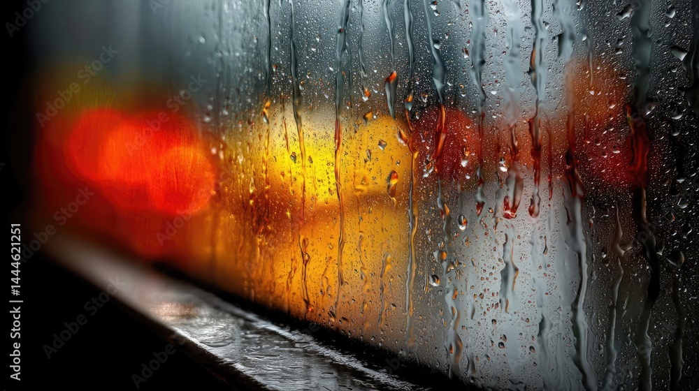 Poster raindrop on a window featuring sad city mood and water texture concept. close-up of raindrops on a w