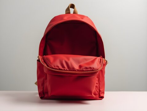 Red backpack standing open displaying empty interior