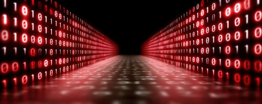 Futuristic corridor of binary code in red and black tones.