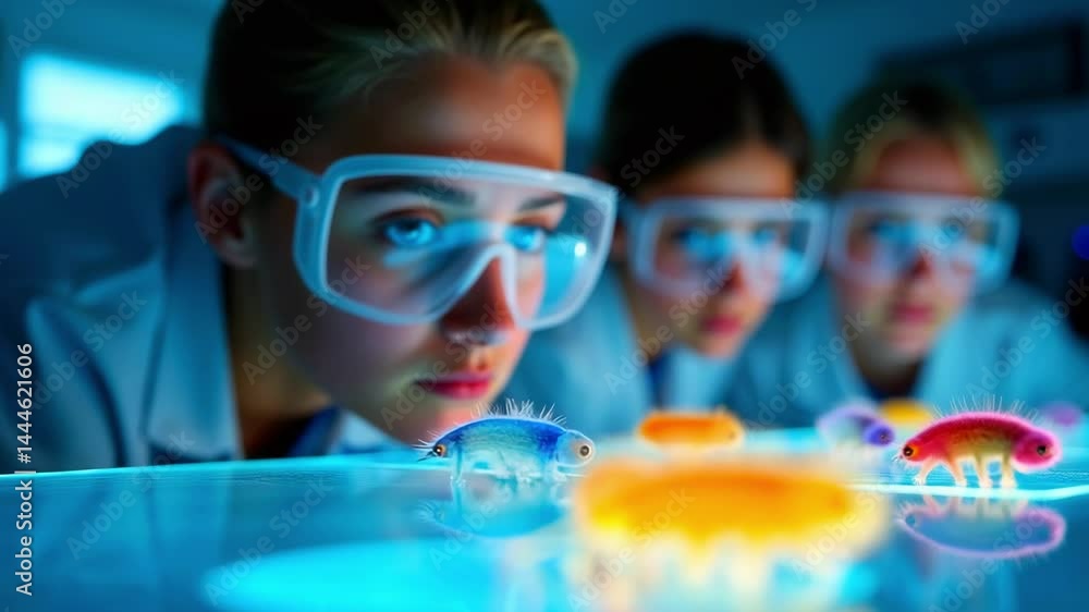 Poster three scientists in lab coats examine colorful microorganisms under a microscope with focus