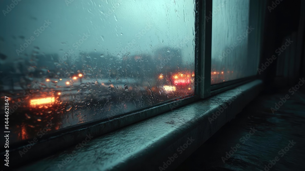 Aufkleber Raindrop on a window showing city landscape and emotional texture concept. Rainy window view with blurred city lights creating a moody atmosphere.