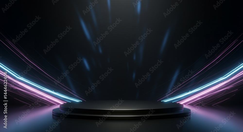 Poster futuristic dark stage with neon lights and podium showcasing a product presentation or event backdro