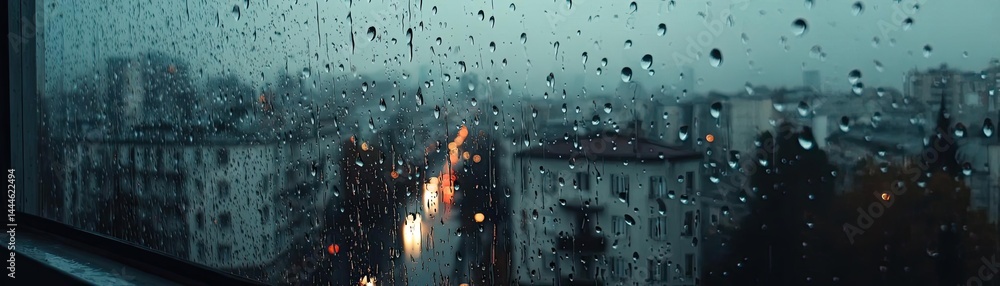 Poster raindrop on a window featuring sad city mood and water texture concept. raindrops on glass create a 