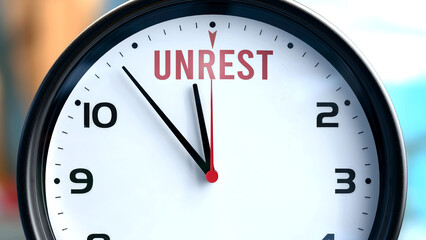 Unrest that is going to happen soon. Incoming unrest, approaching in the near future. Unrest almost here, in a short time - a clock symbolizes a reminder that unrest is near. ,3d illustration
