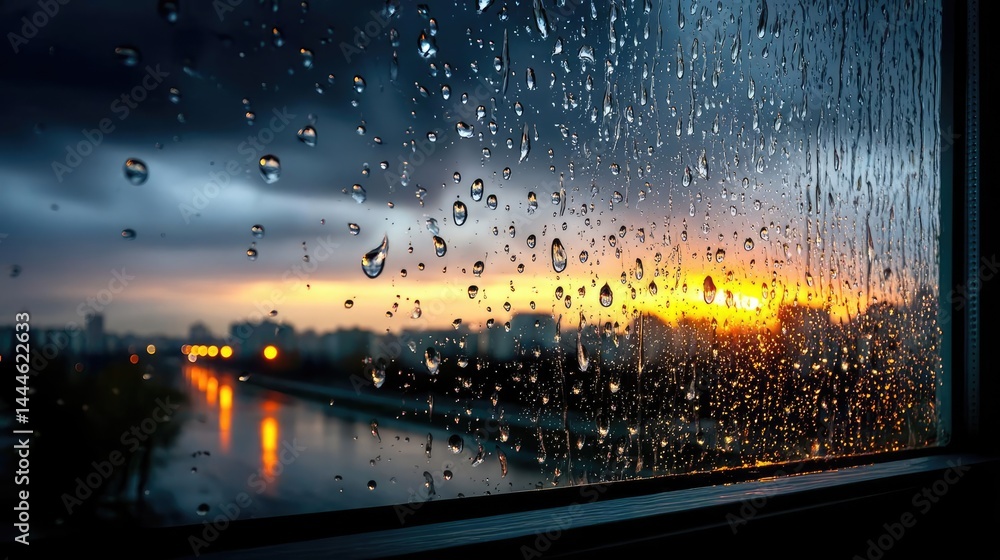 Poster raindrop on a window featuring sad city mood and water texture concept. raindrops on a windowpane du
