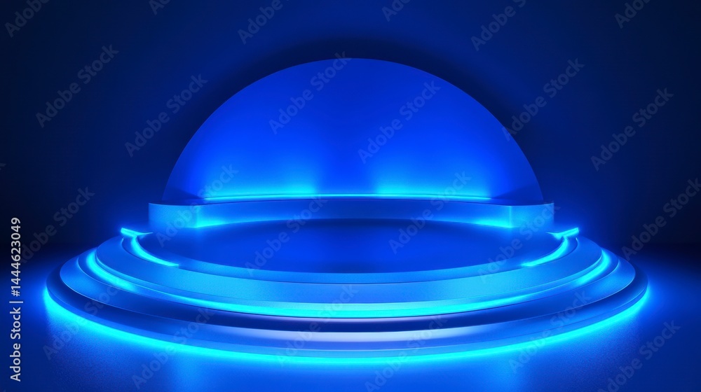 Aufkleber Abstract blue neon stage with circular platform and glowing lights, perfect for product display or presentation.