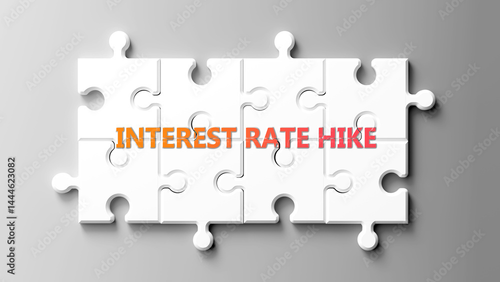 Aufkleber interest rate hike complex like a puzzle - pictured as word interest rate hike on a puzzle pieces to