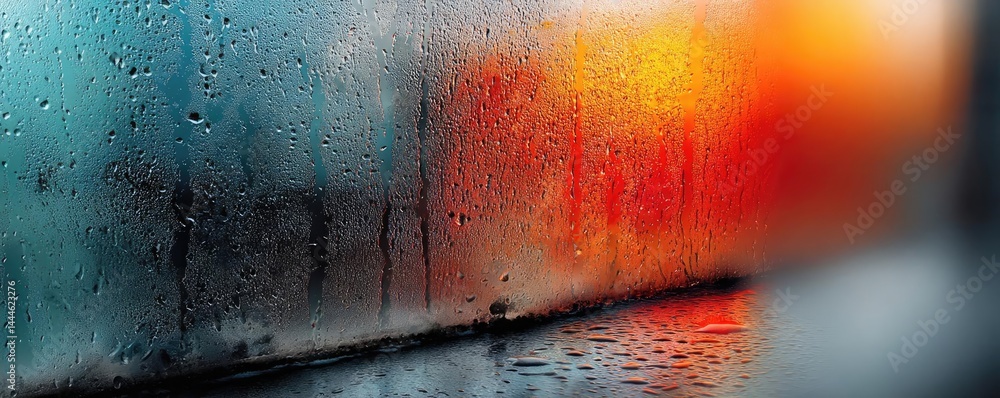 Poster raindrop on a window featuring sad city mood and water texture concept. a vibrant, blurred view thro