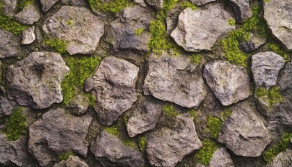 Close-up view of a textured stone wall with patches of moss.