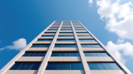 Fototapeta premium Modern concrete and glass office building rises symmetrically into a bright blue sky with white clouds during daytime.