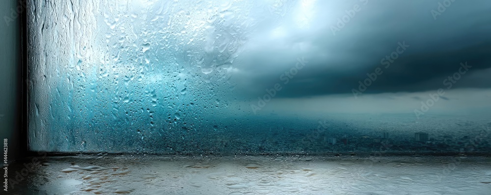 Poster Raindrop on a window showing city landscape and emotional texture concept. A foggy window view showcasing rain and moody clouds.