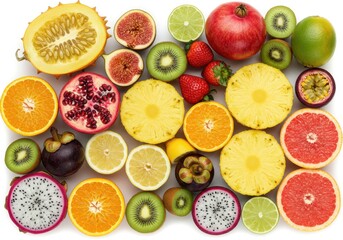 An assortment of colorful fruits arranged on a white surface in a visually appealing composition
