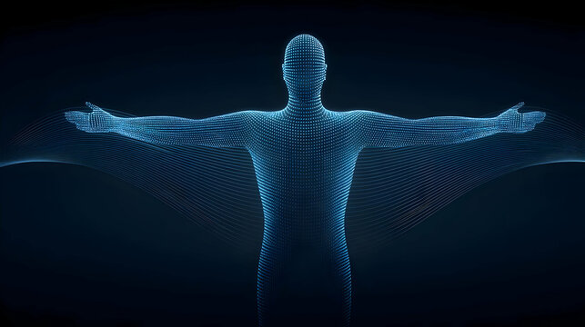 figure formed by energy waves and glowing binary code