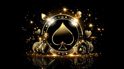 Fototapeta premium Golden Spade Symbol with Sparkles on Black Background