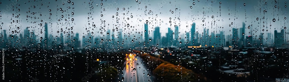 Poster raindrop on a window combining rain, mood, and urban pattern concept. a city skyline viewed through 