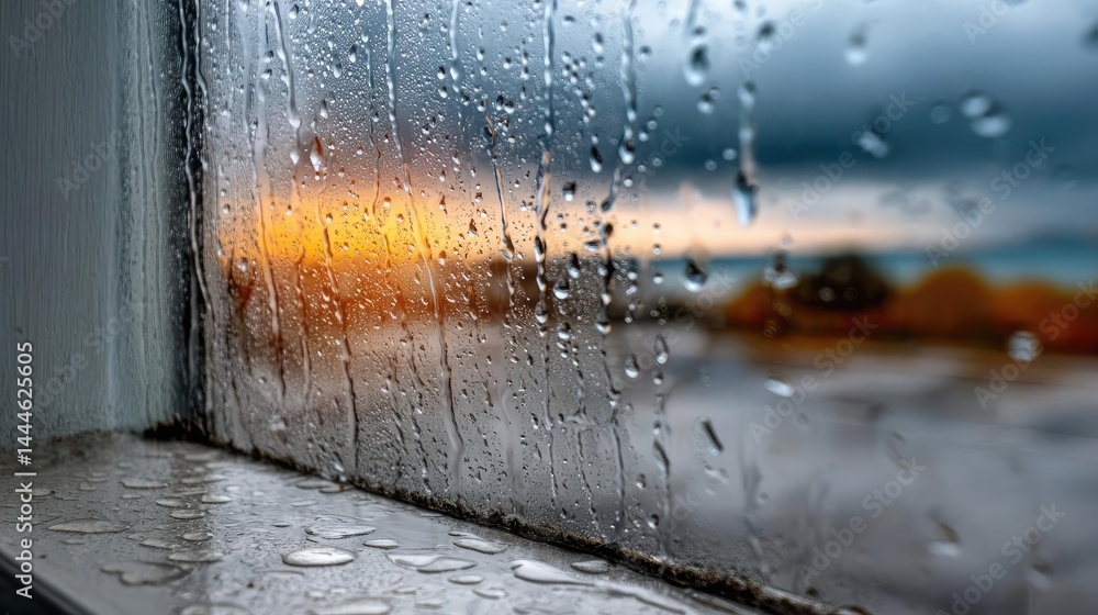 Poster Raindrop on a window featuring sad city mood and water texture concept. Raindrops on a window with a colorful sunset in the background.