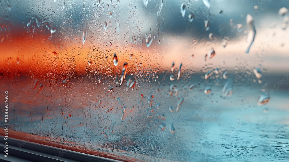 Aufkleber raindrop on a window featuring sad city mood and water texture concept. a close-up of raindrops on a