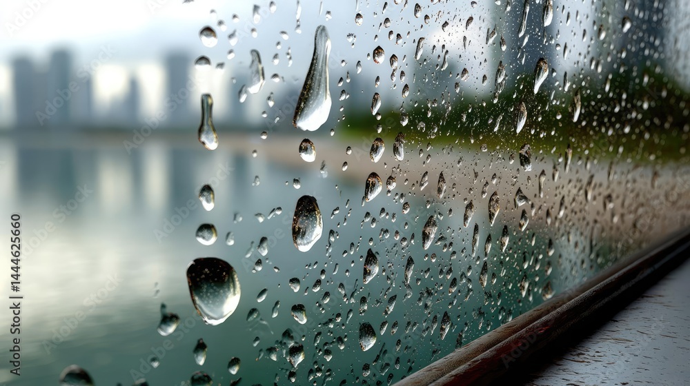 Poster raindrop on a window featuring sad city mood and water texture concept. raindrops on window glass wi
