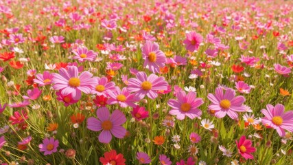 A vibrant field of pink cosmos flowers blooms brightly under the summer sun showcasing a beautiful floral landscape.