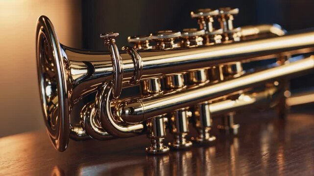 Close-up video of a shiny trumpet on a wooden table, captured from a low angle, highlighting its polished brass details and warm lighting.