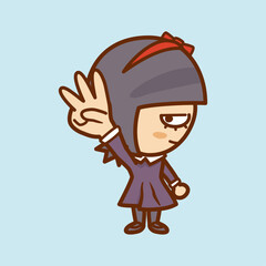 ３本の指を立て手を突き上げる横顔の女の子のイラスト／Illustration of a profile of a girl pointing up three fingers