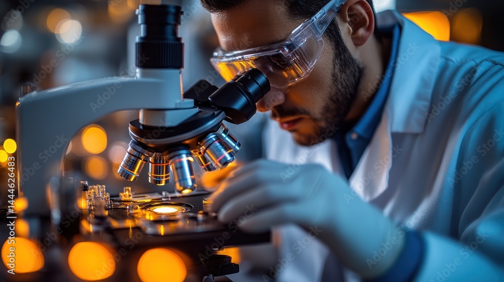 Poster focused scientist using a microscope in a laboratory setting